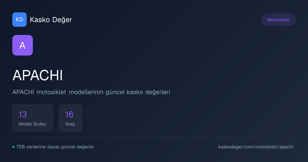 APACHI Kasko Değer Listesi 2026 — 13 Seri, 16 Model | Kaskodeger